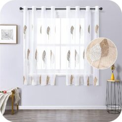 Modern Brown Leaf Embroidery Short Sheer Curtains