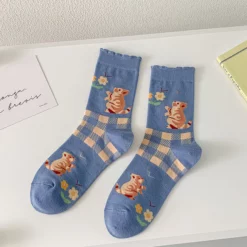 Blue Cartoon Cat Vintage Crew Women Socks