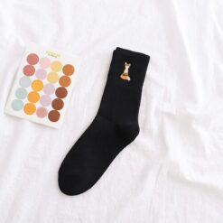 Embroidery Little Fox Women Black Cotton Socks