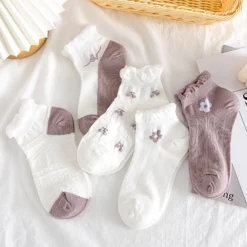 5 Pairs Cute Lace Flower Cotton Breathable Women Ankle Socks