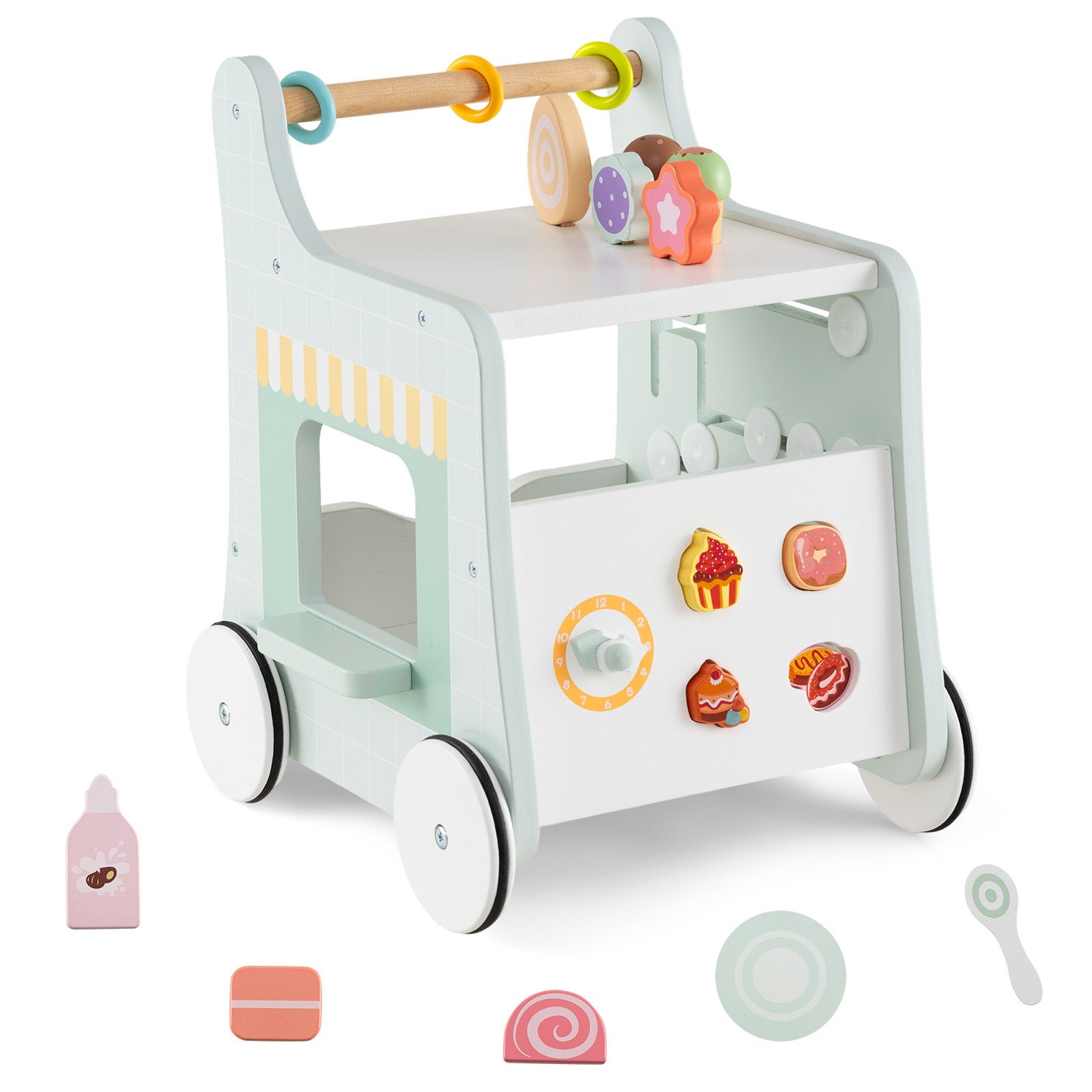 2 in 1 Wooden Baby Walker, Montessori Push & Pull Walking Toy Dessert Ice Cream Cart