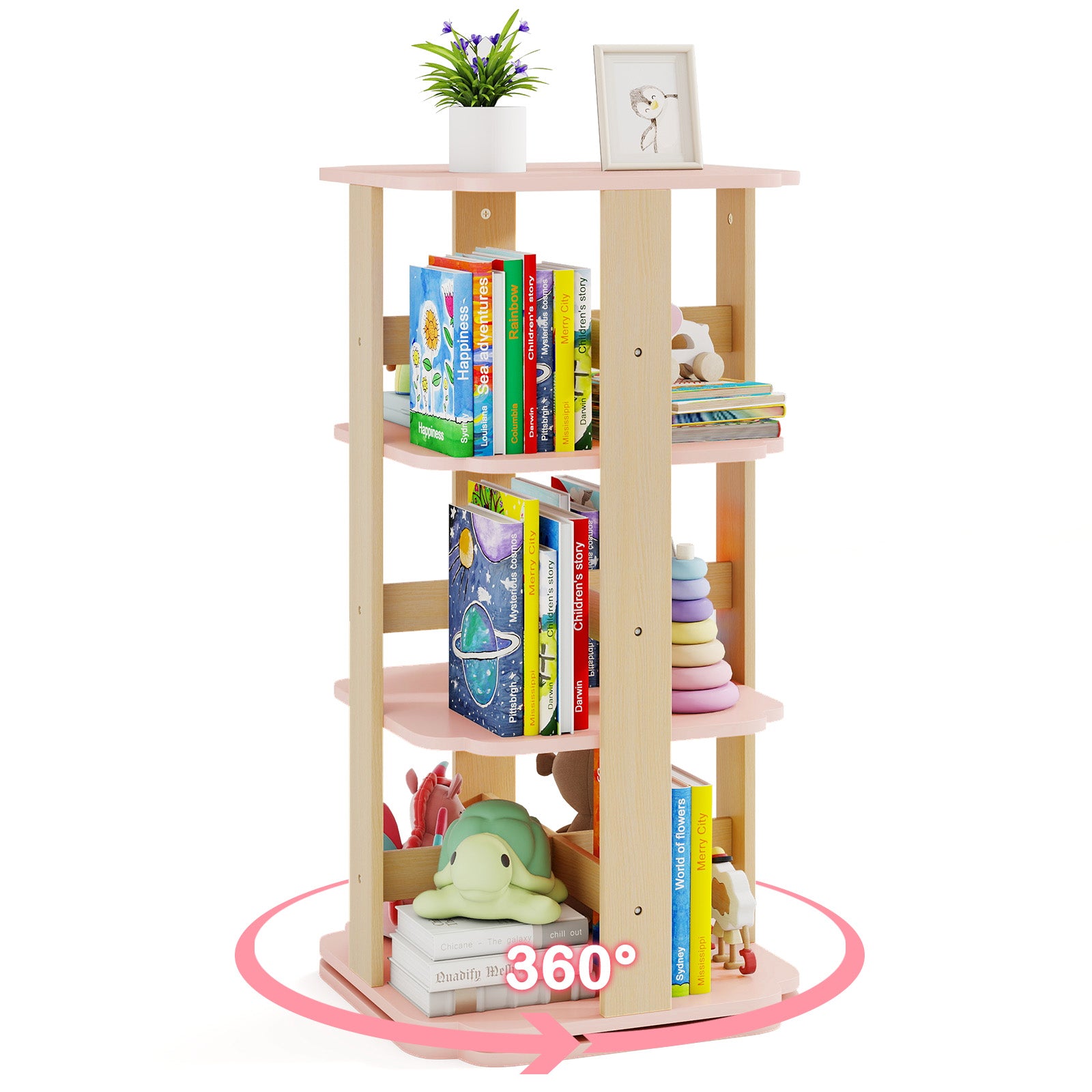 360Â° Spinning 3-Tier Kids Book Shelf Tower with 12 Sectors