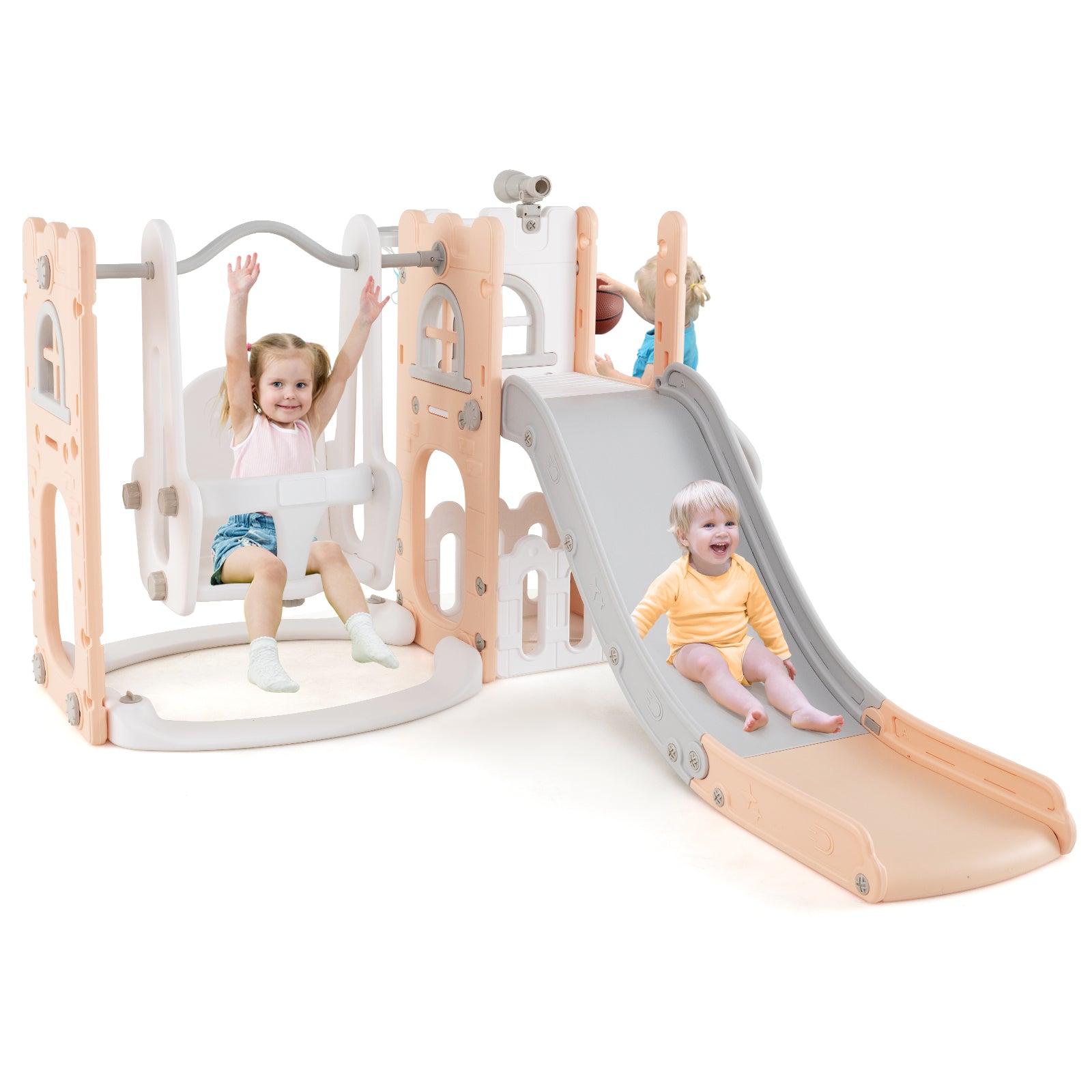  7-in-1 L-Shaped Toddler Swing and Slide Set w/ Water Sand Filled Base