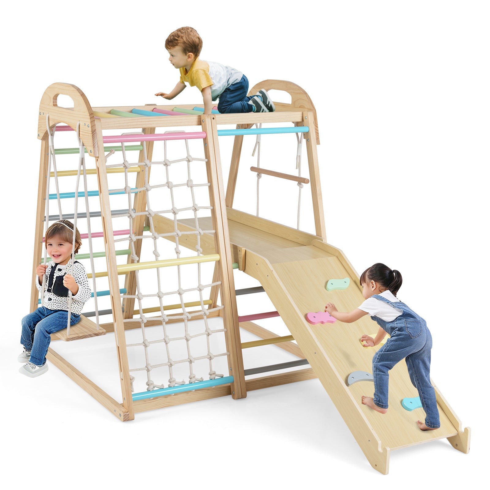 8-in-1 Jungle Gym, Wooden Montessori Climber Playset with Slide
