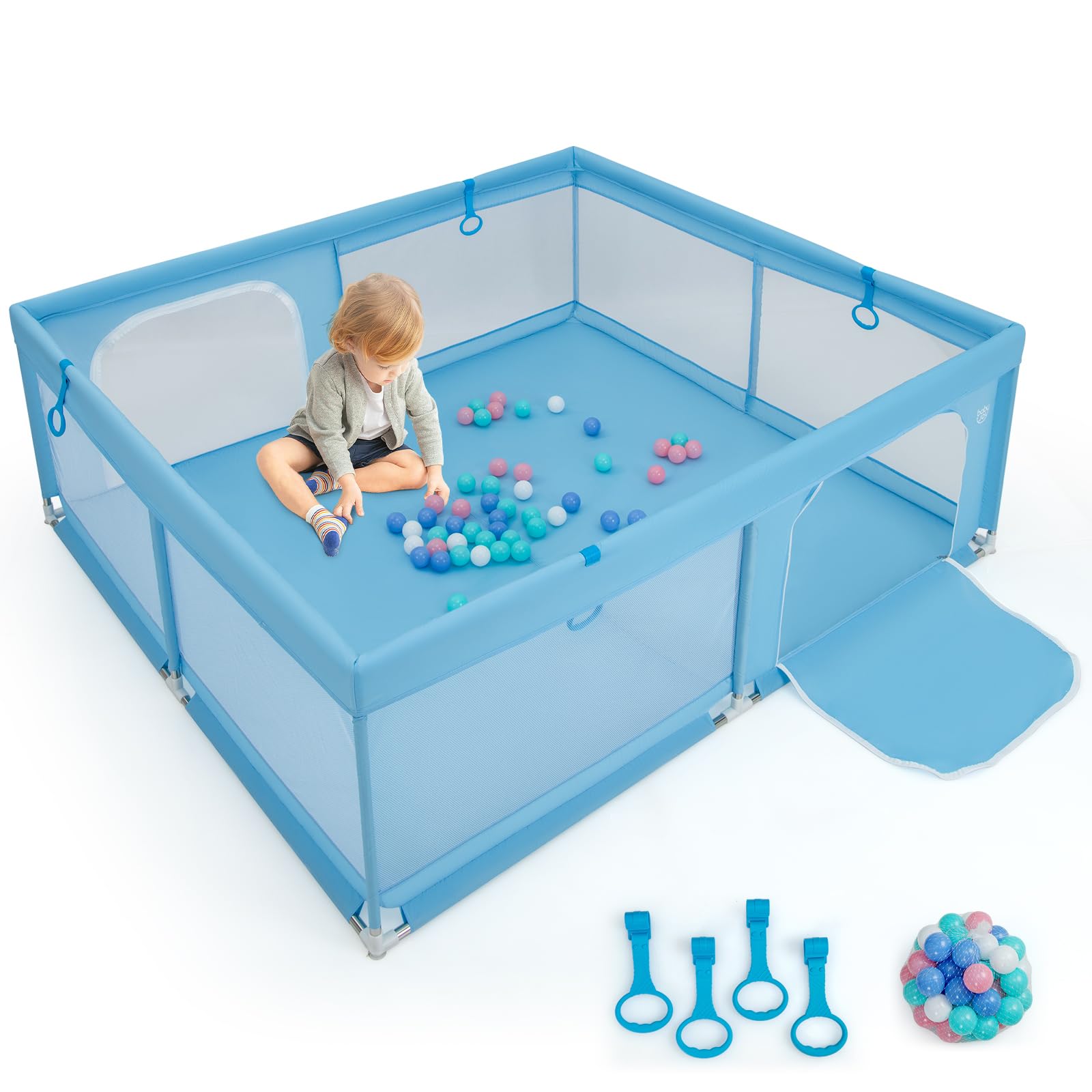  Baby Playpen for Toddlers, 200 x 180 x 68 cm Large Safety Play Yard with 4 Pull Rings & 50 Ocean Balls