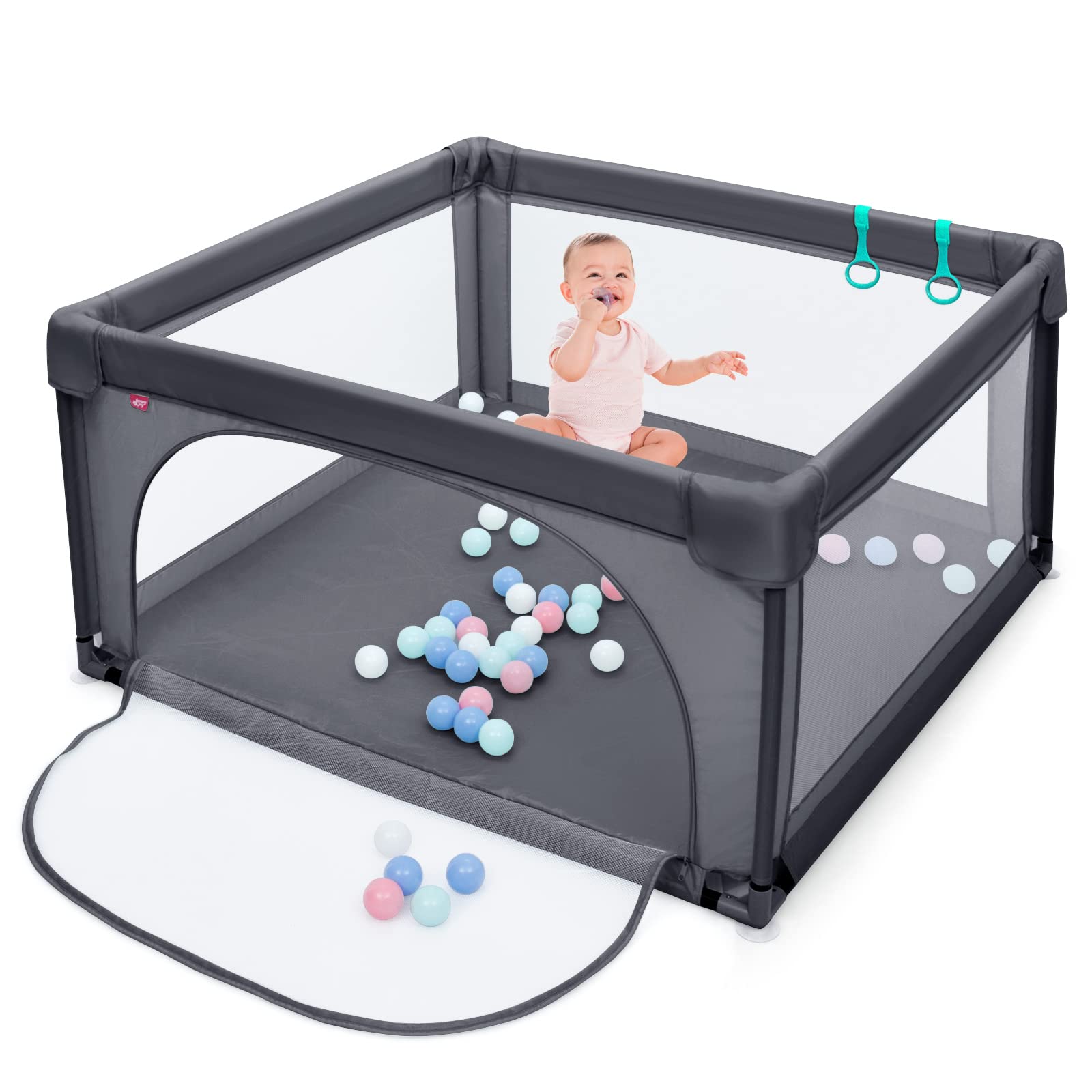  Baby Playpen Large Play Activity Center for Babies w/50 Balls, 2 Pull Rings