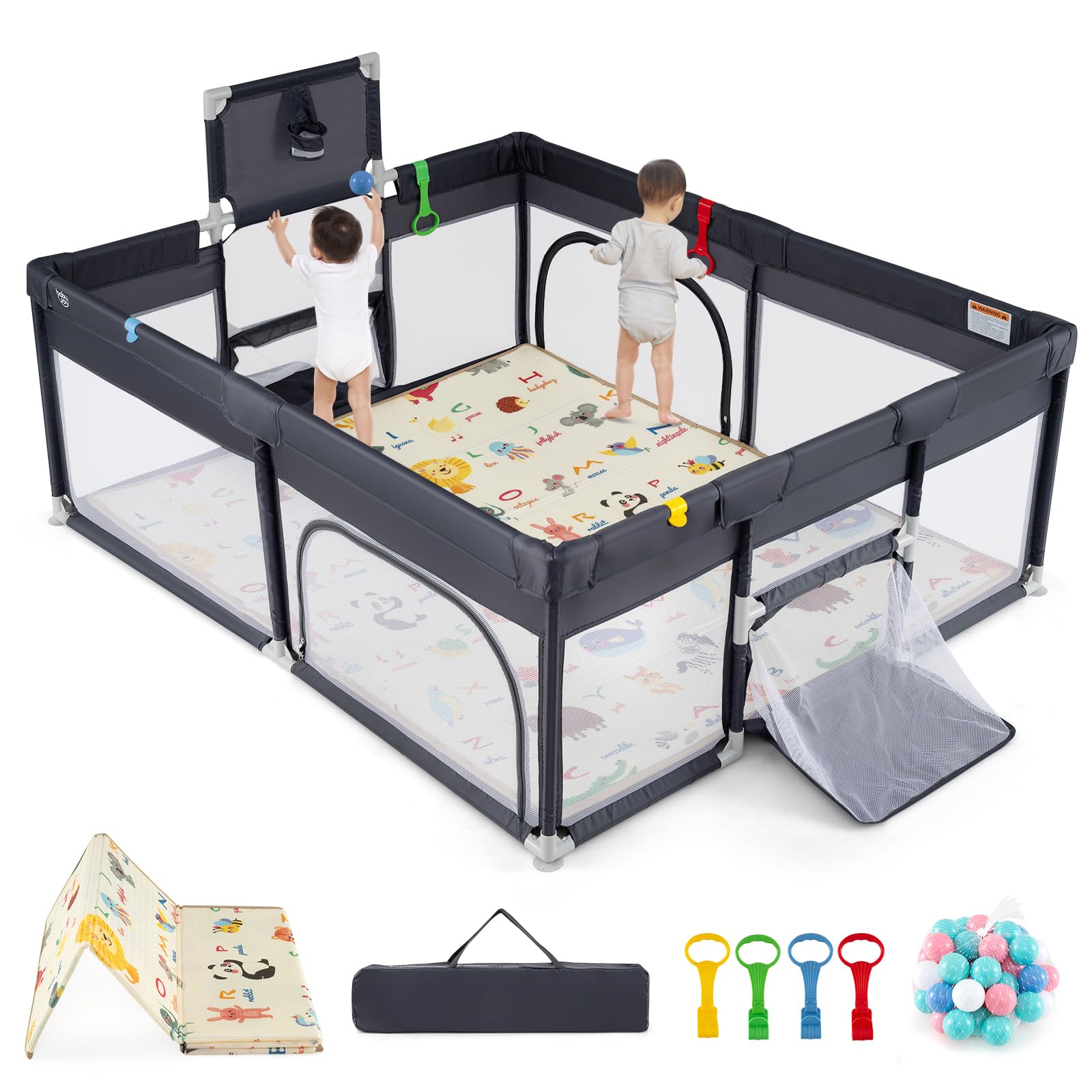  Baby Playpen with Double-Sided Mat, 185 x 155cm Baby Playard w/Basketball Hoop