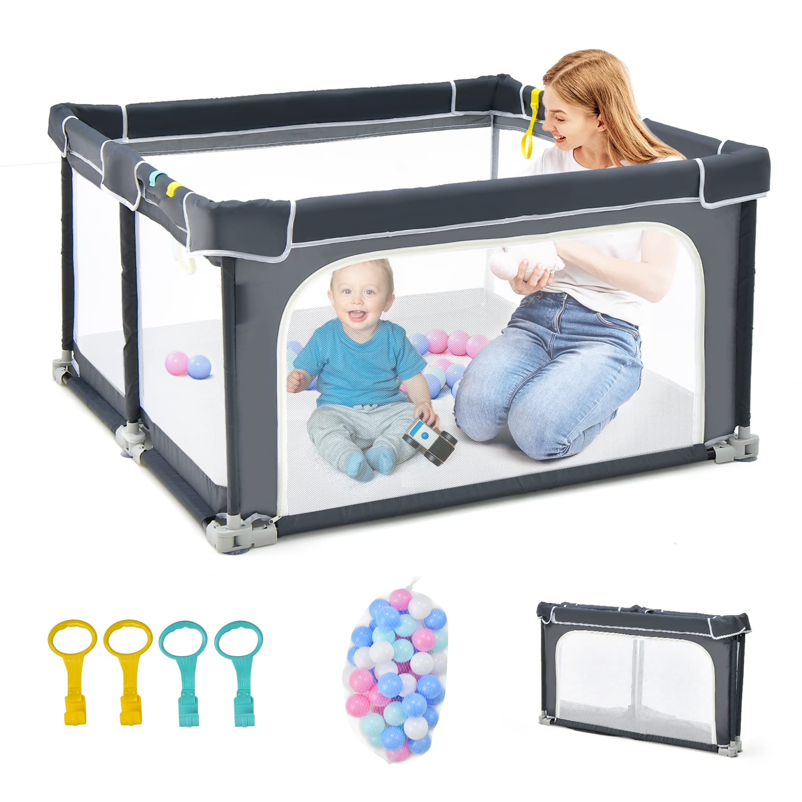  Foldable Baby Playpen, 124 x 124 x 70cm Playpen Activity Center w/50 Balls & 4 Pull Rings for Babies Toddlers