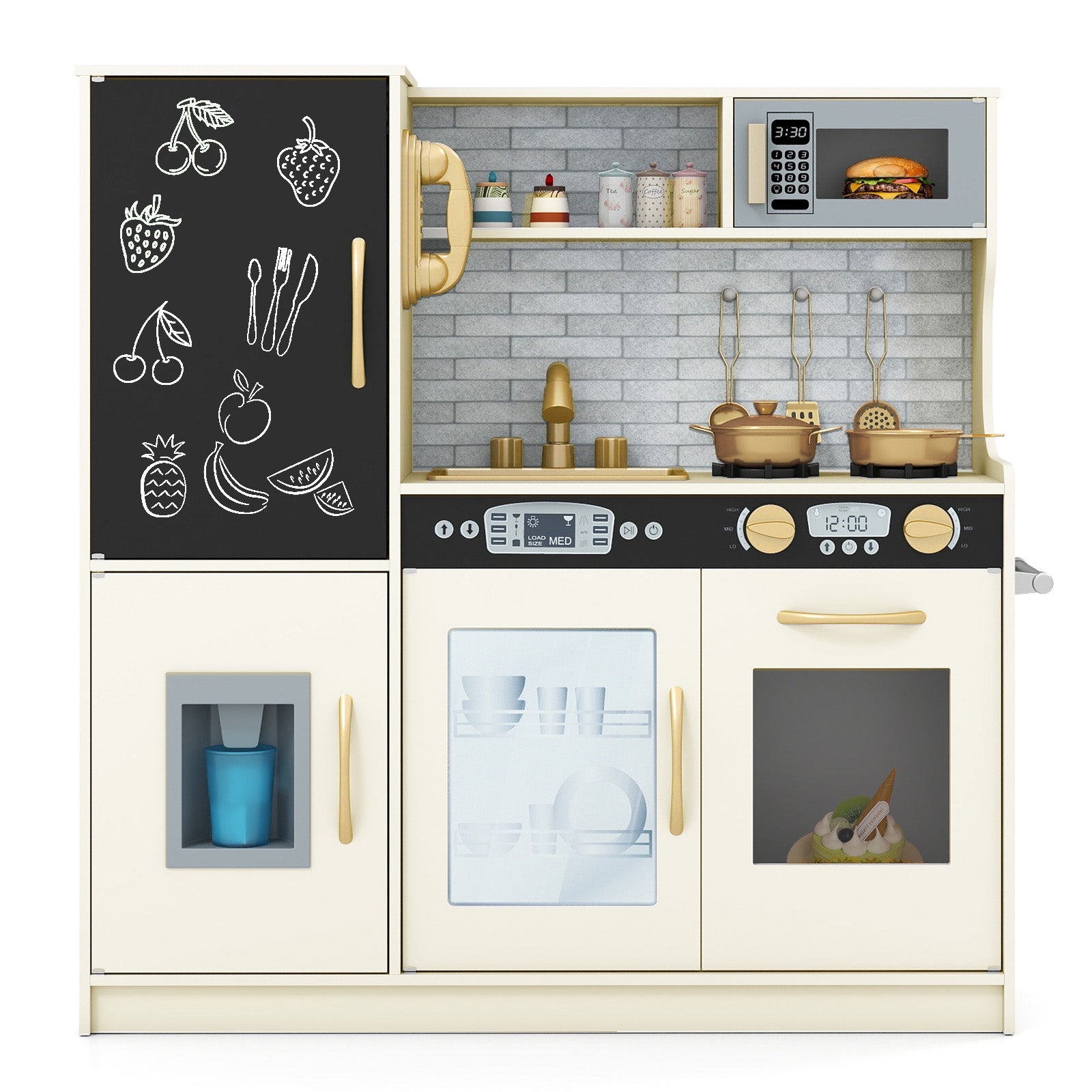 HONEY JOY Pretend Play Kitchen, Toddler Kitchen Playset w/Blackboard, Phone, Microwave, Ice Maker, Dishwasher & Oven