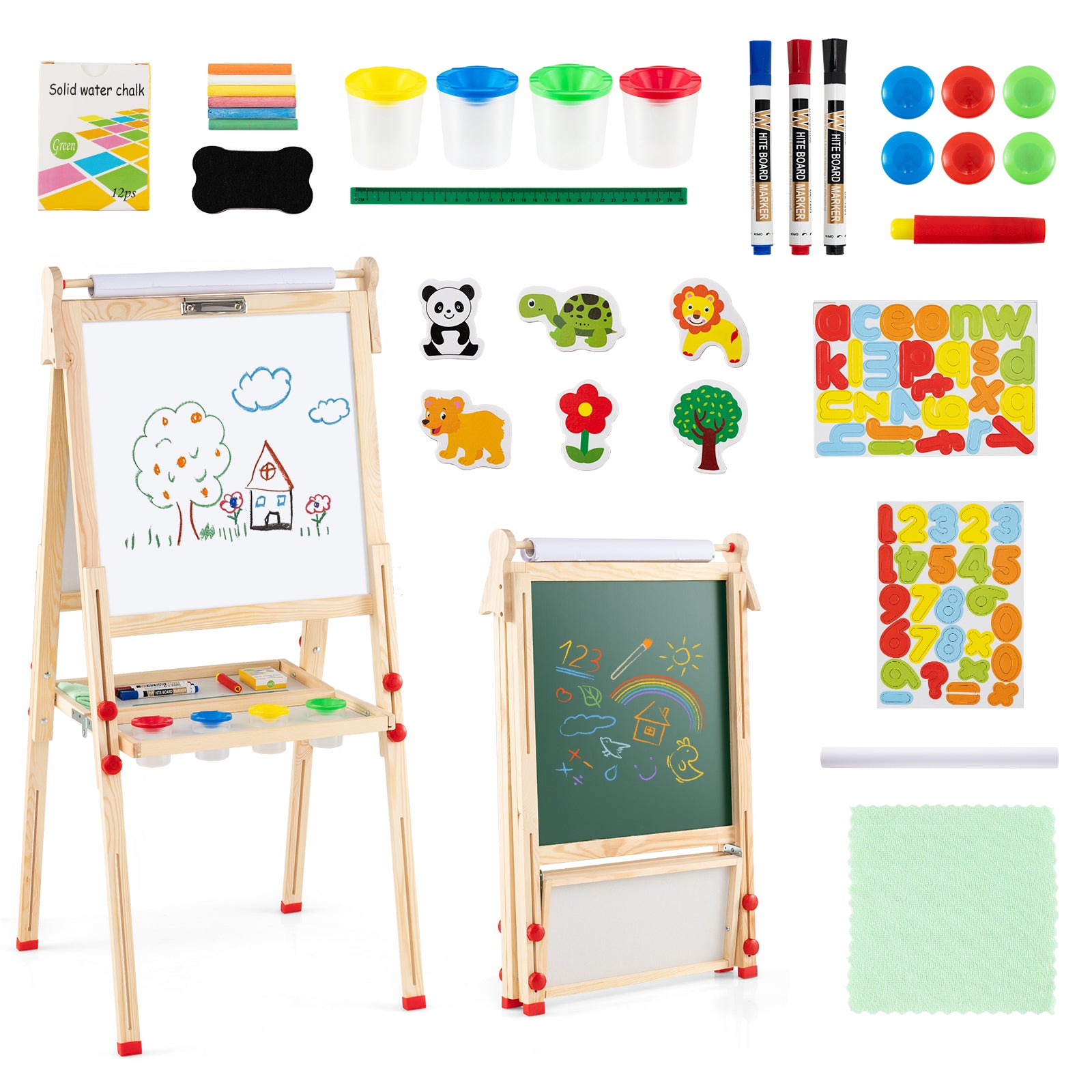  Kids Art Easel, Wooden Foldable Double-Sided Chalkboard Whiteboard w/Board Eraser